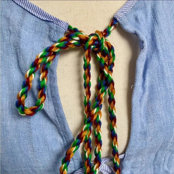 English Factory Blue Pom Pom Tie Top Tiered Sleeve Blouse Size Small - Picture 14 of 16